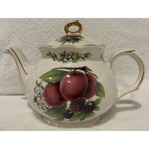 Sadler Windsor Plum Fruit Gold Trim Footed Teapot Made in England 10 x 7 inches